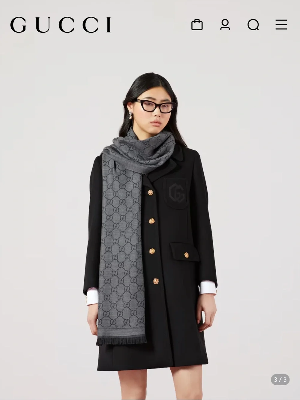 NEW Gucci ‘Sten’ GG Logo Wool Scarf - Charcoal Grey & Light Gray Contrast